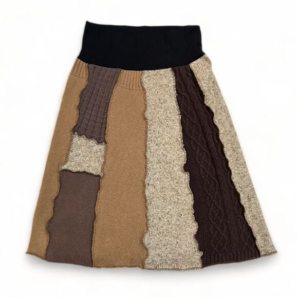 Brown Patchwork A-Line Sweater Handmade Skirt Size Medium - Picture 12 of 14